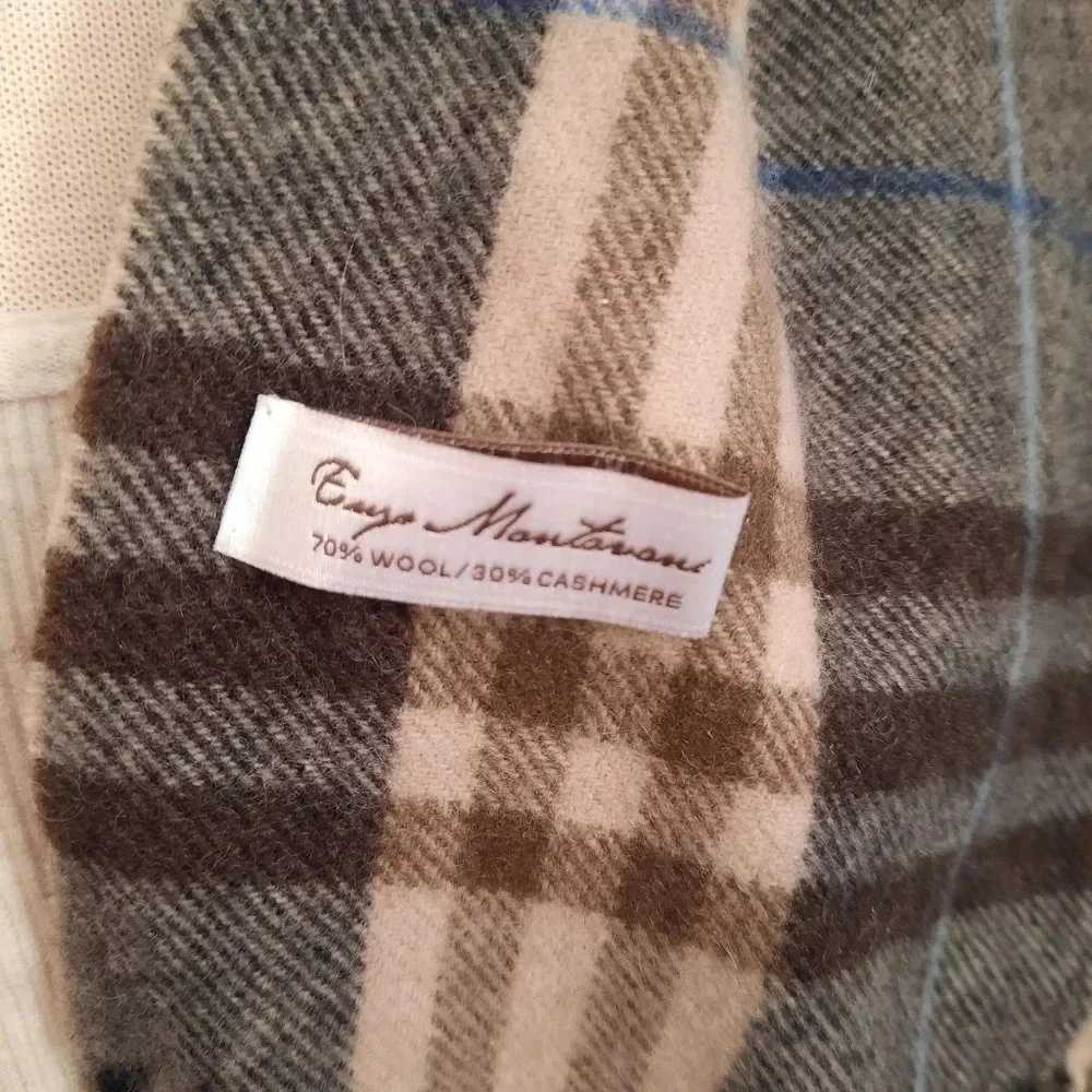 Enzo  Mantovani Wool Cashmere Scarf Plaid Tassels Rectangle GUC